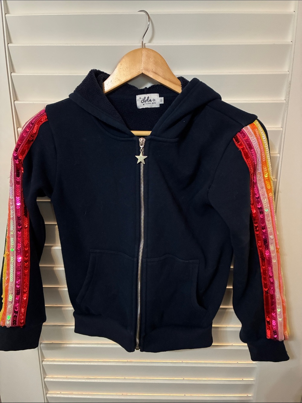Lola+the boys Navy Hoodie with Rainbow Sequin Sleeve Stripes